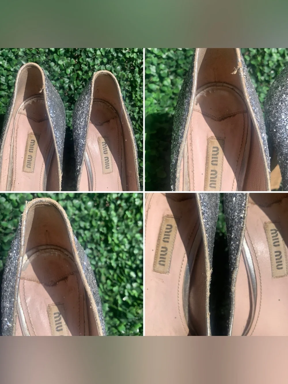 Refurbished Miu Miu silver glitter platform high chunky heels Sz 37 w/ 5” heel